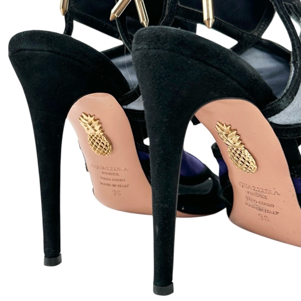 Aquazzura Vika Blue Black Purple Suede Leather 4" Stiletto Heel Heeled Sandals - Picture 7 of 9